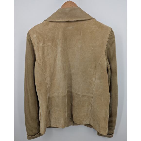 Vintage Fabio Women’s Large Tan Suede Leather Jacket Knit Sleeves Zip Front - Picture 3 of 6